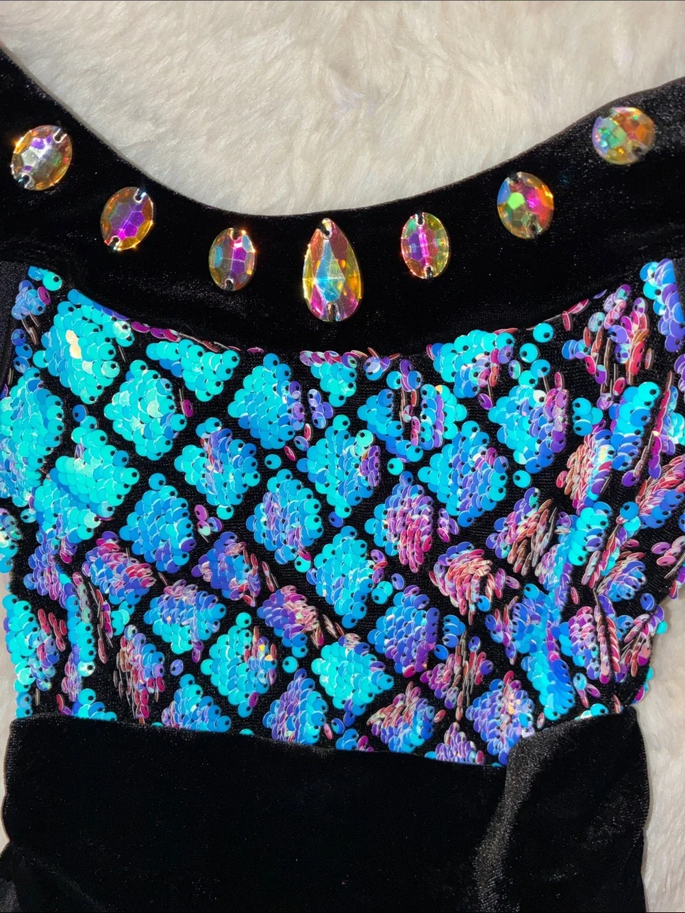 Girls Black Dance Leotard with Iridescent Blue Sequins